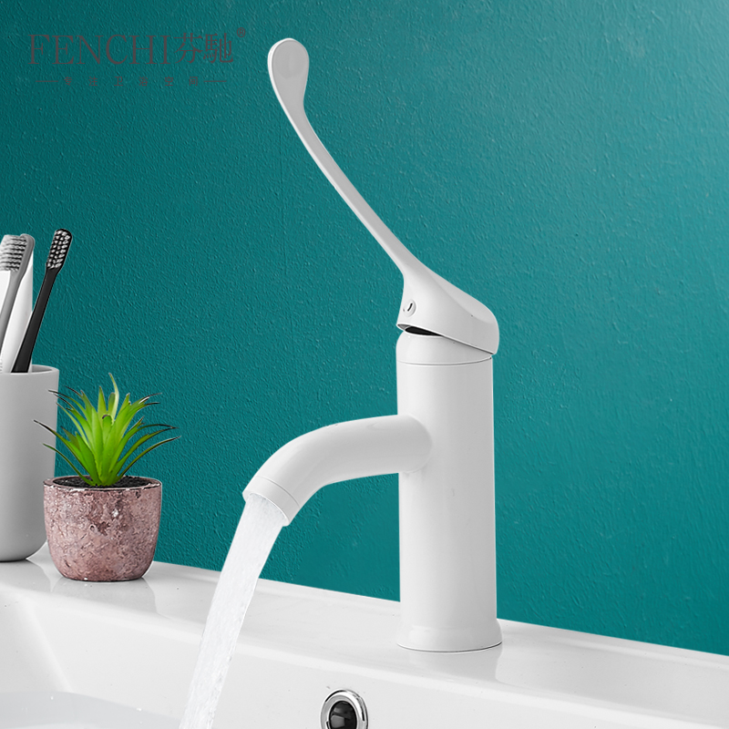 全铜医用水龙头白色冷热长柄龙头学校肘开触碰式实验室面盆水龙头