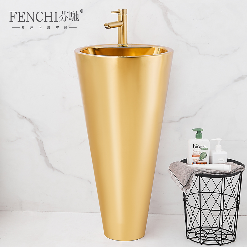金色304不锈钢立柱式锥形盆酒吧KTV洗手盆民宿落地式艺术盆洗脸盆