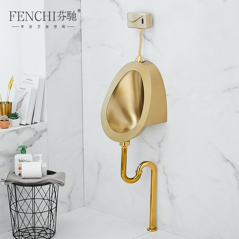 芬驰金色304不锈钢感应小便斗酒吧KTV挂墙式小便池厕所小便器尿兜