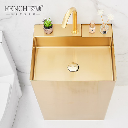 金色一体式立柱盆 304不锈钢落地洗手盆酒店卫生间手盆池洗脸台盆