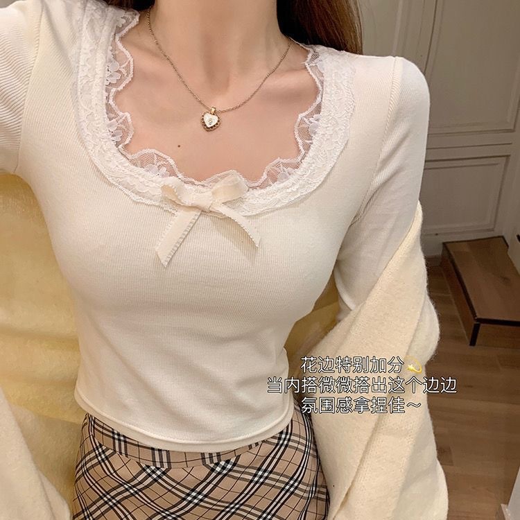 加厚小众蝴蝶结蕾丝领长袖女bm