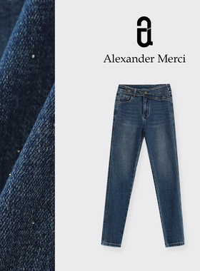 【星芒裤】腰头小设计 不对称闪钻附片腰 小脚直腿裤D25T83002