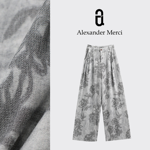 【灰烬玫瑰】晕染艺术系列高级灰玫瑰印花阔腿直筒裤 D25T70808