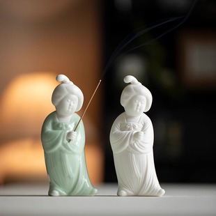 创意陶瓷侍女小摆件禅意檀香香插底座线香插托盘摆设装饰品