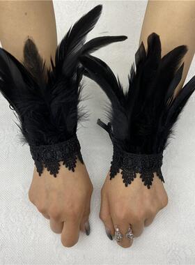 亚马逊羽毛手环万圣节表演舞会蕾丝羽毛腕带哥特风格羽毛手腕配饰
