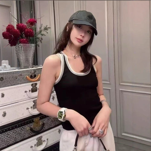 撞色拼接吊带背心带胸垫遮副乳美背修身显瘦百搭无袖U领打底上衣