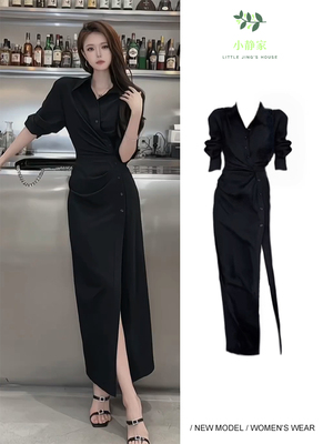 黑色翻领单排扣衬衫开叉连衣裙女