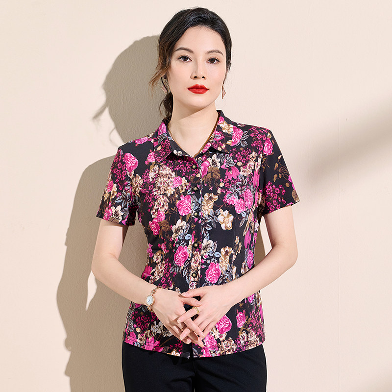 香沐兰夏季短袖衬衫女洋气碎花高贵奶奶装冰丝高弹透气妈妈装上衣
