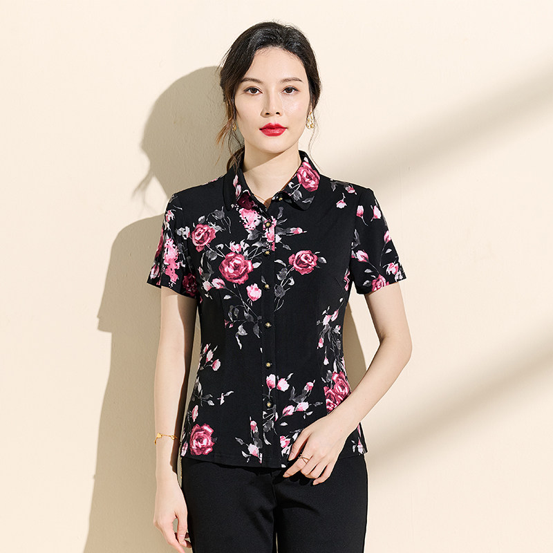 香沐兰黑底印花短袖衬衫女气质简约洋气妈妈装高贵冰丝透气上衣