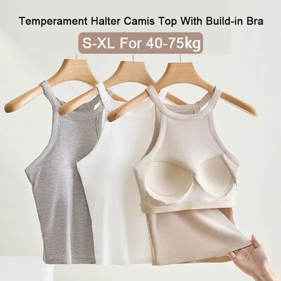 Threaded Halter Neck Camisole Top With Build-in Bra High Ela