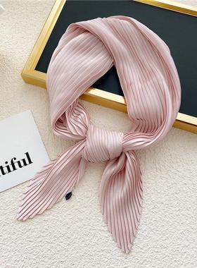 Pleated Women Satin Scarf Neckerchief Ribbon Square Skinny H