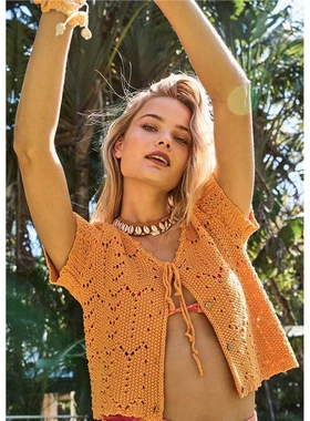 AAPPAR纯欲风镂空系带针织开衫短款T恤长袖上衣女夏 sexy knit ca