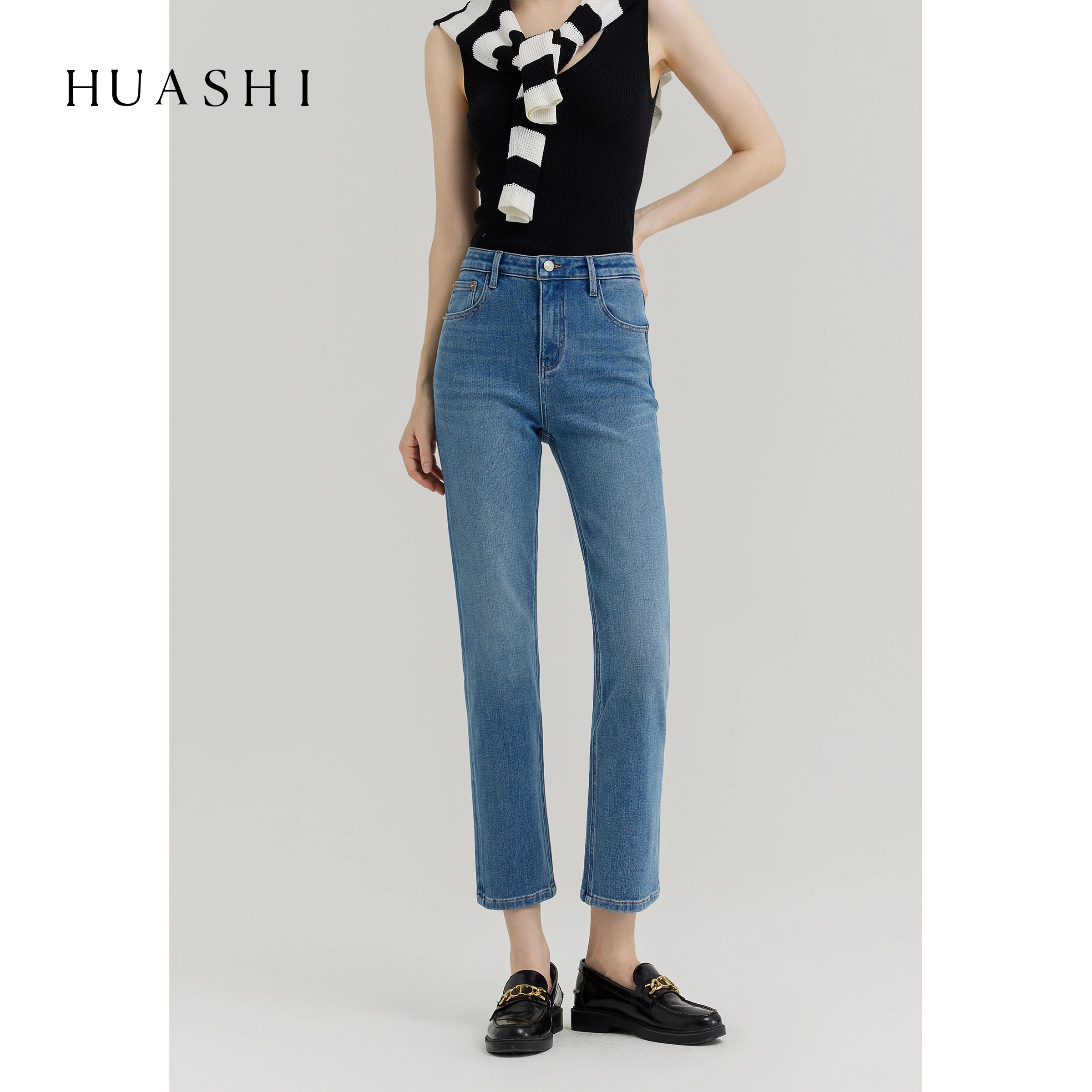 HUASHI浅蓝色直筒牛仔裤薄款夏季女修身直筒高端通勤烟管九分裤