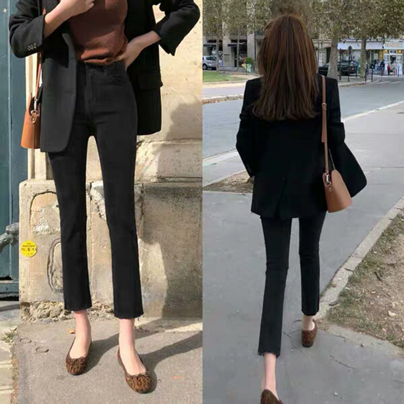 直筒九分牛仔裤女2025新款春季薄款微喇宽松高腰八分破洞黑色裤子