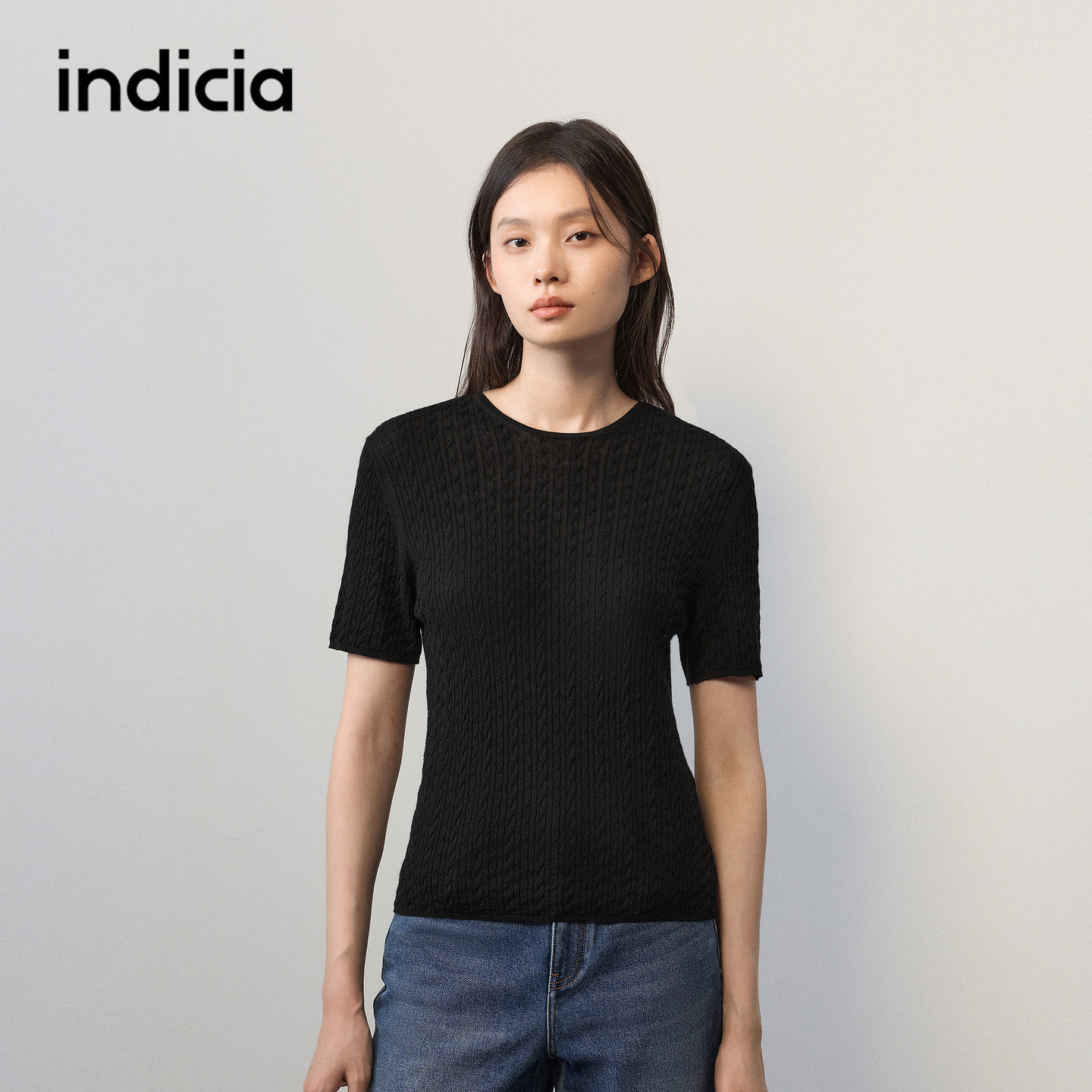 indicia标记商场同款2026秋季新款女装羊毛桑蚕丝黑色针织衫上衣