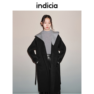 indicia标记24冬季 L2D4DY209 羊毛黑色大衣连帽毛呢外套女长款 女装