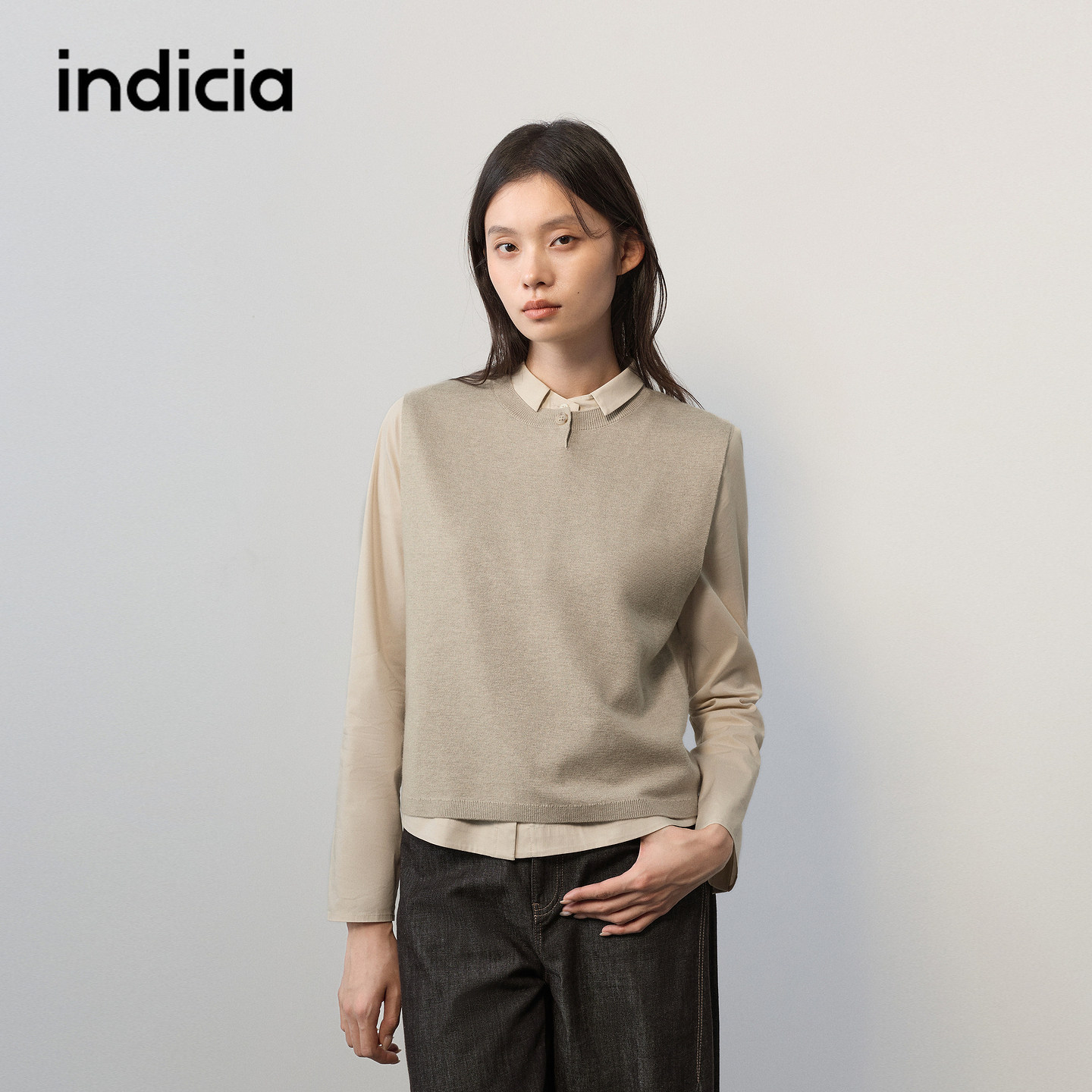 indicia标记商场同款2026秋季新款女装卡其色马甲背心针织衫上衣