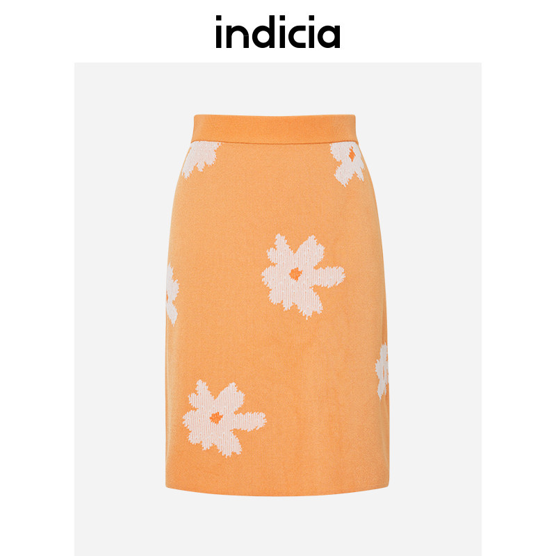 indicia橘色印花A字半裙包臀裙冰丝夏季商场同款标记女装