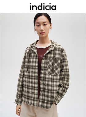 indicia标记商场格纹外套宽松英伦连帽衬衫秋冬女装F2D4CS740N