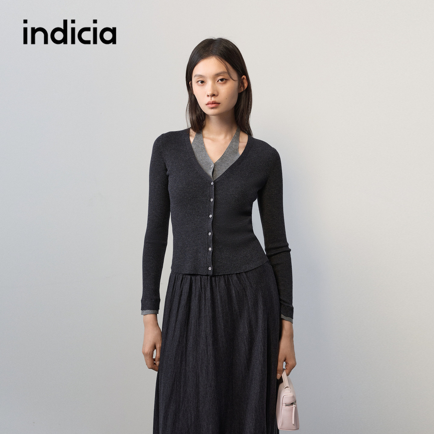 indicia标记商场同款2026秋季新款女装针织衫两件套灰色长袖套装