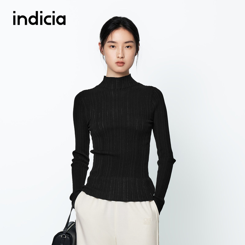 indicia标记商场同款褶皱针织衫上衣肌理感半高领春秋季时尚女装
