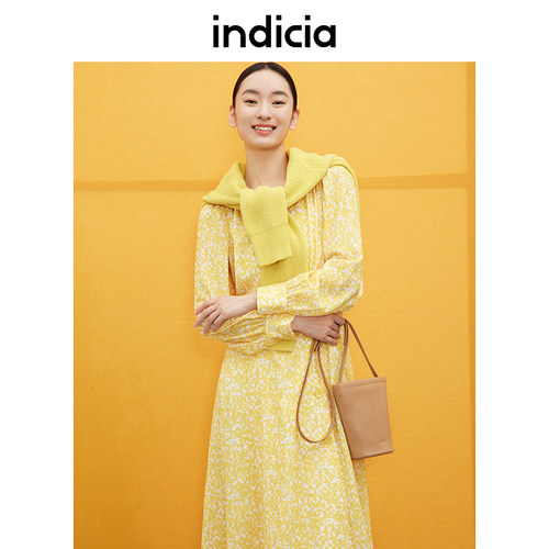 indicia黄色碎花连衣裙女裙子春秋商场同款标记女装5A303LQ103