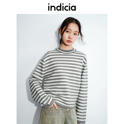 indicia标记休闲半高领条纹针织衫通勤上衣秋冬季女装L2D4ZZ215