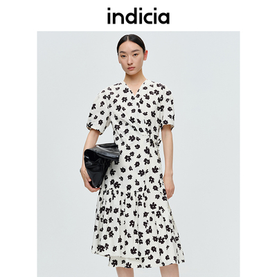 indicia黑白短袖碎花连衣裙夏季裙子商场同款标记女装5B306LQ197