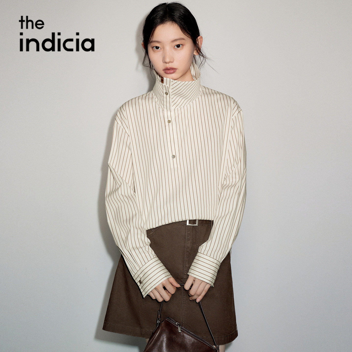 indicia标记商场同款2026秋季女装米色条纹翻领衬衫L2C6CS233Z