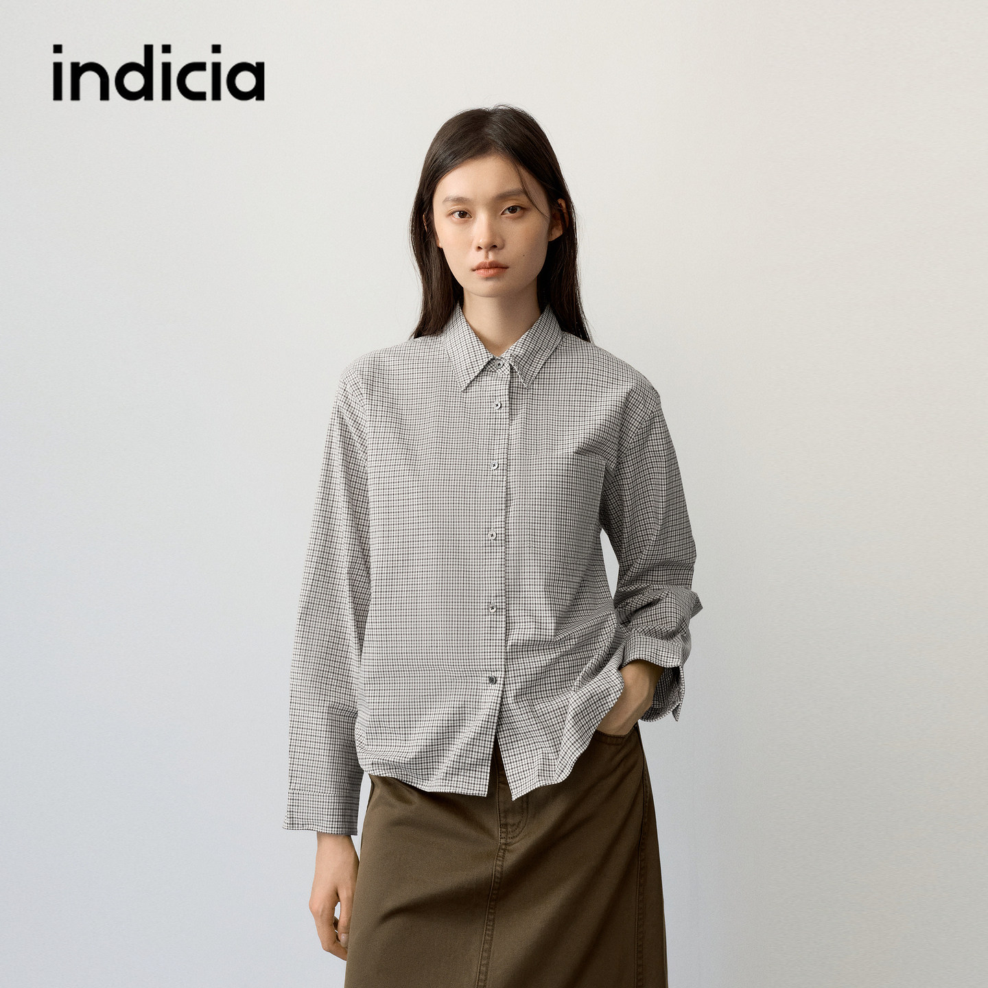 indicia标记商场同款2026秋季新款女装纯棉咖色格纹衬衫长袖上衣
