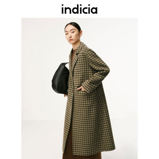 indicia 羊毛绿色格纹长款毛呢大衣格子外套冬季标记女装