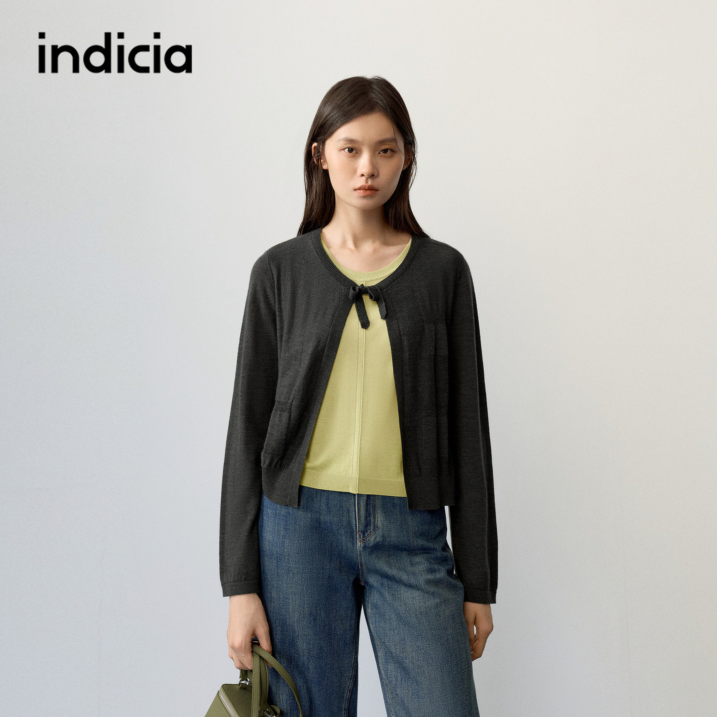indicia标记商场同款2026秋季新款女装绿色羊毛针织衫开衫上衣女