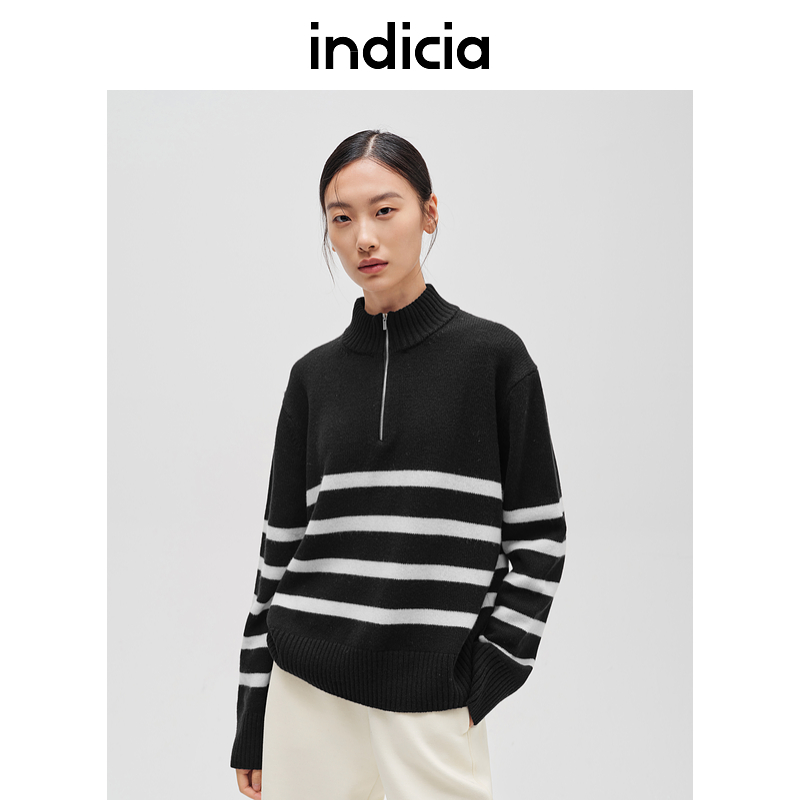 indicia标记商场冬新款高领条纹休闲羊毛针织衫毛衣F2D5MS609F-1
