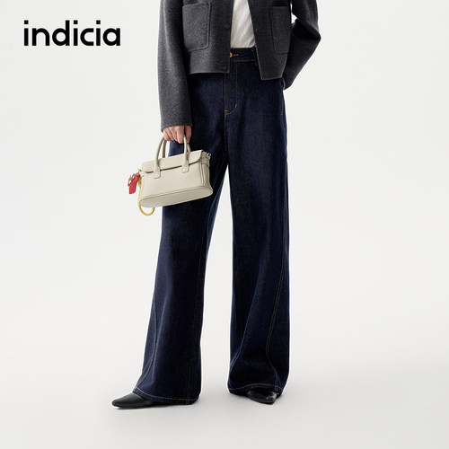 indicia标记25秋冬复古风线条深蓝色阔腿牛仔裤高腰L2D5NK210-1