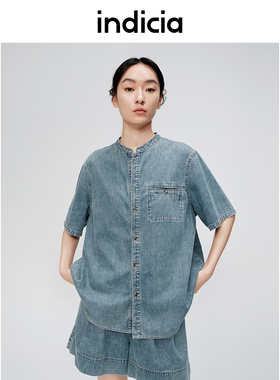 indicia标记商场同款24年夏新款简约宽松圆领牛仔衬衫6B406CS328N