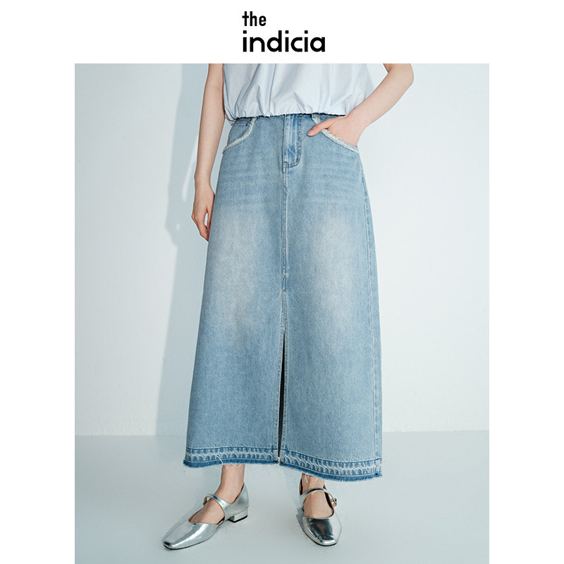 indicia标记夏季新款女装开叉浅蓝水洗牛仔半身裙休闲长款裙子女