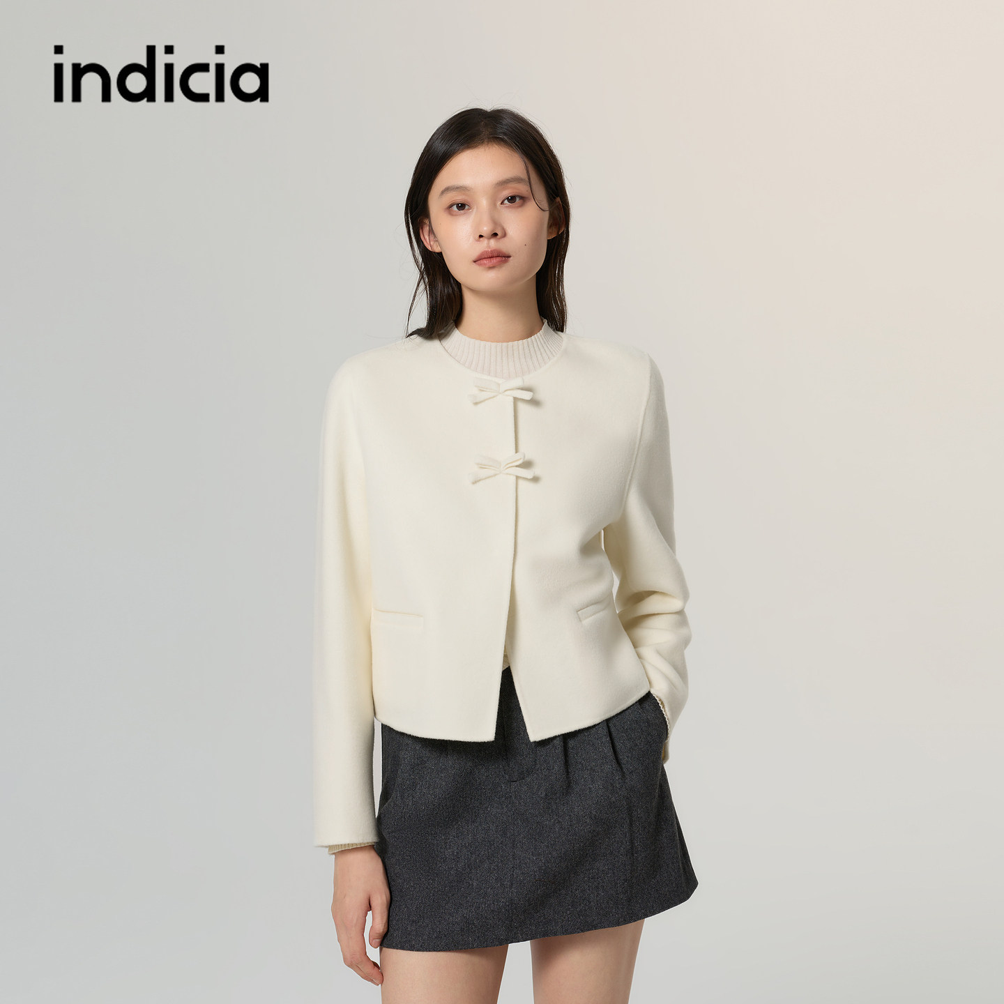 indicia标记商场同款白色羊毛短款毛呢外套女2026冬季新款女装