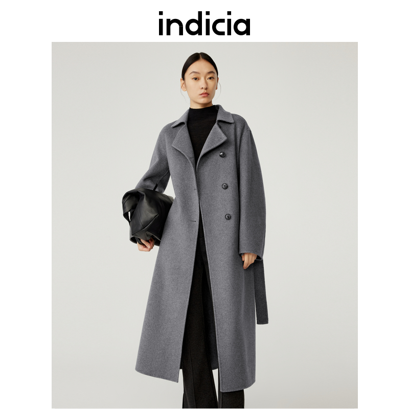 indicia 羊毛山羊绒灰色毛呢外套长款大衣冬季商场同款标记女装