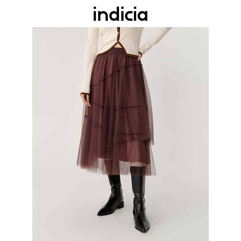 indicia咖色半身裙纱裙长裙女装