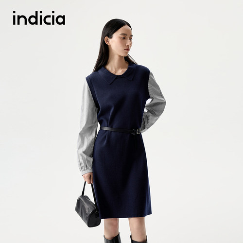 indicia标记25冬新款条纹叠穿背心裙气质文艺复古连衣裙L2D5LQ262