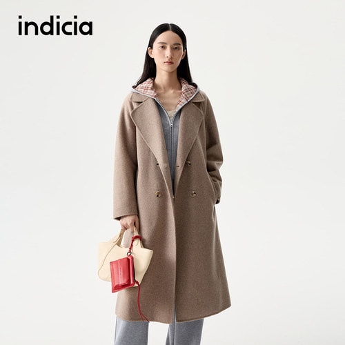 indicia标记冬季新款宽松中长款翻领毛呢外套女羊毛大衣L2D5DY258