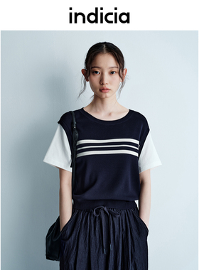 indicia标记25夏新款针梭拼接假两件经典圆领针织衫 L2B5ZZ087