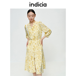 indicia标记碎花连衣裙女V领雪纺印花仙女长款系带裙子夏季女装