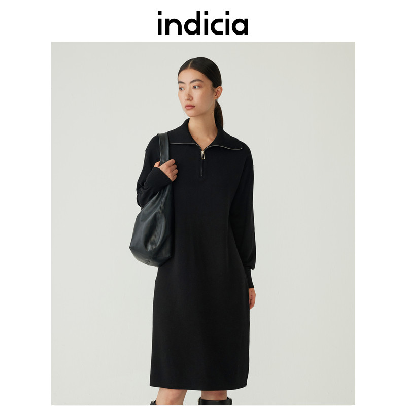 indicia 绵羊毛针织连衣裙高领纯色长裙秋冬季商场同款标记女装