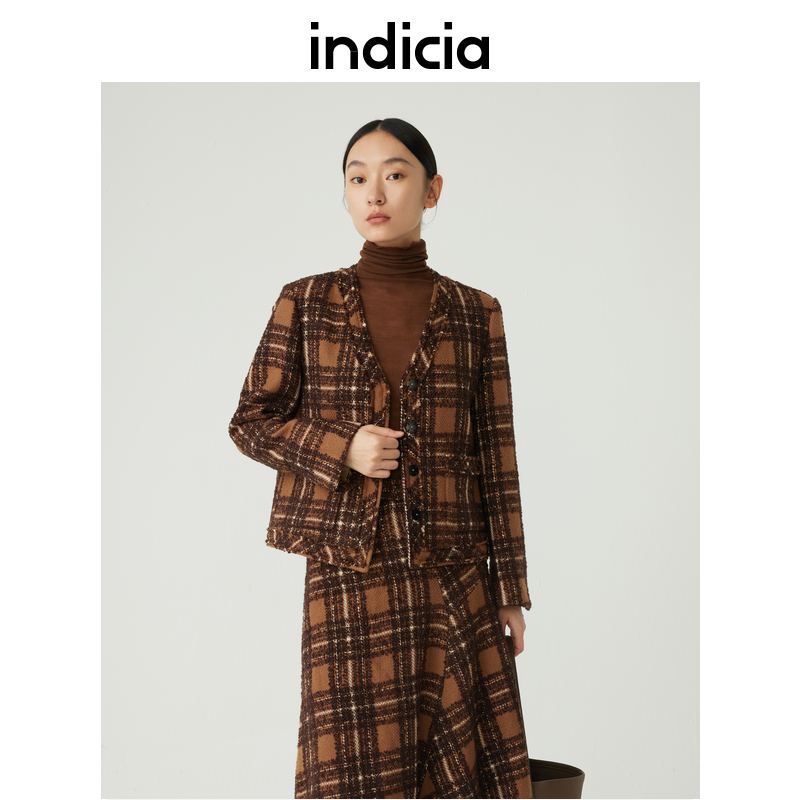 indicia 绵羊毛气质短款格纹毛呢外套女秋冬季商场同款标记女装