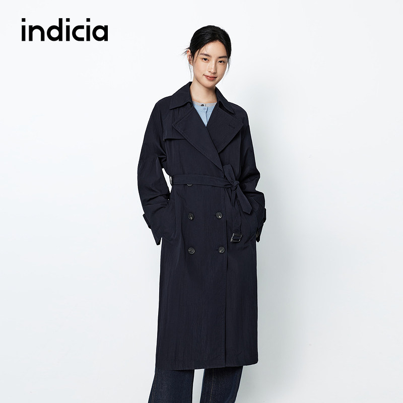 indicia标记商场同款春秋简约藏青长款风衣外套女装 F2A5FY073N