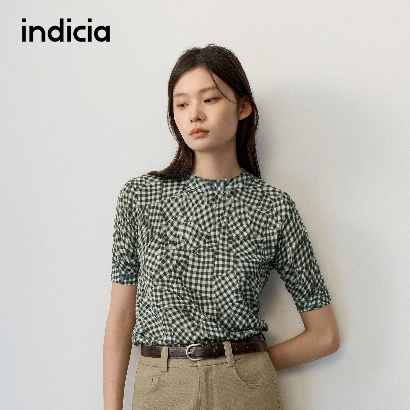 indicia标记商场同款2026秋季新款女装纯棉格纹针织衫短袖上衣