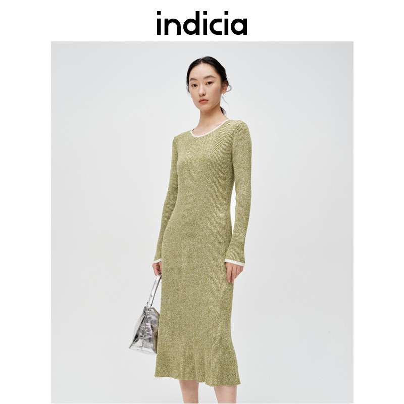 indicia标记商场同款春季新款绿色针织连衣裙修身气质6A401LQ028N