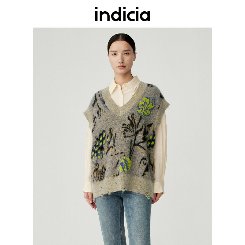 indicia 复古印花针织衫马甲背心上衣春秋季商场同款标记女装