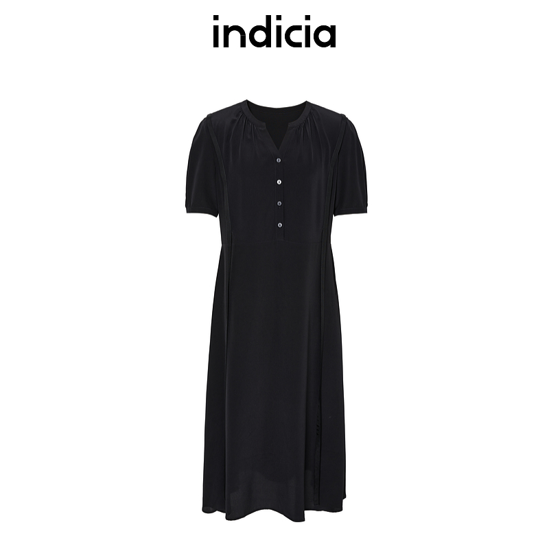 indicia标记夏季黑色桑蚕丝垂顺短袖连衣裙女装裙子6B405LQ277C